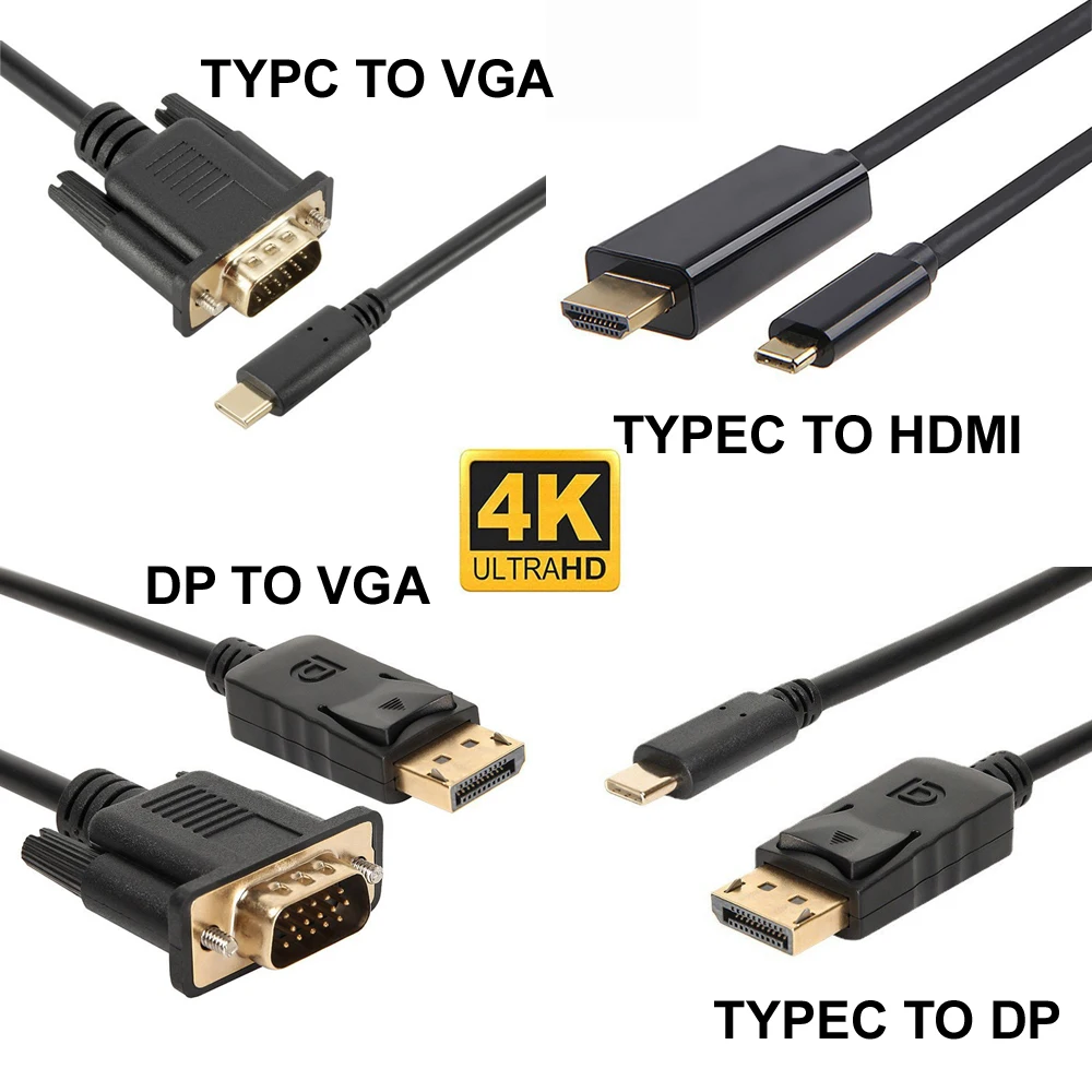 1.8M TYPE-C USB C do VGA HDMI DP 1080P DP 4K, aby konwerter VGA kabel Adapter do laptopa UHD zewnętrzny rzutnik 1.8m HD