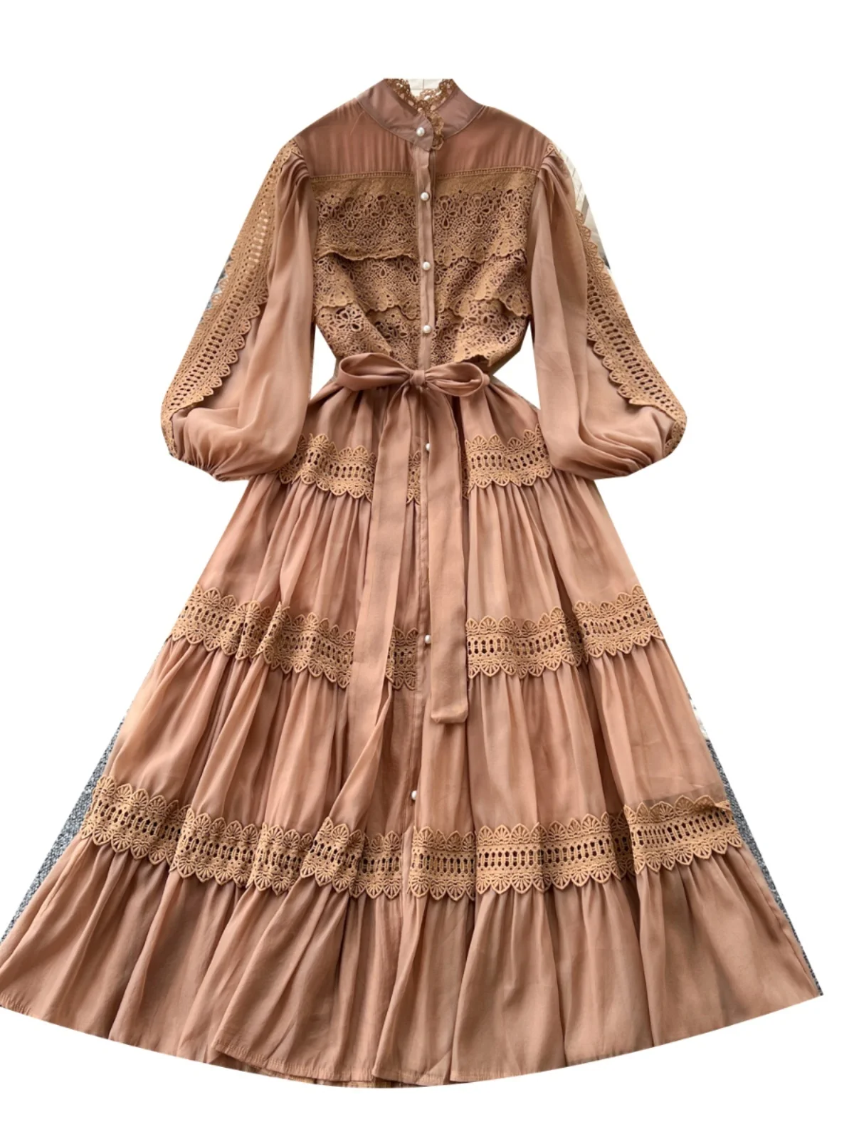 Elegante oco para fora organza longo maxi vestidos camisa feminina primavera verão camada plissado manga cheia pérola festa à noite vestidos