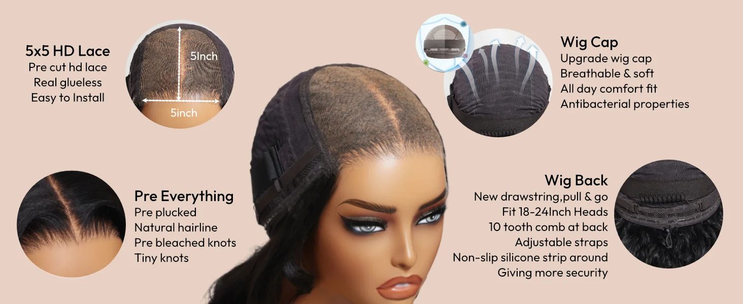 UNice Ultra-Thin 5x5 HD Lace Wigs With Drawstring Body Wave Human Hair Wigs Pre Cut Pre Bleached Glueless Wig 180% Density