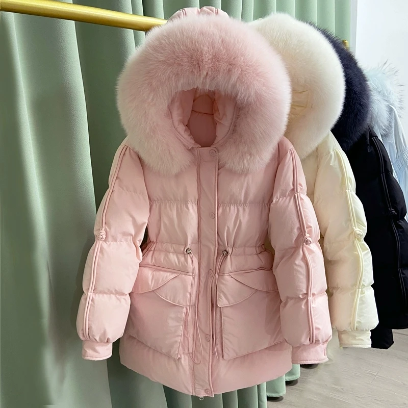 

Зима 202, женский пуховик с меховым воротником из енота, модный тонкий воротник из лисьего меха, белое утиное пуховое пальто, женская теплая парка, пальто