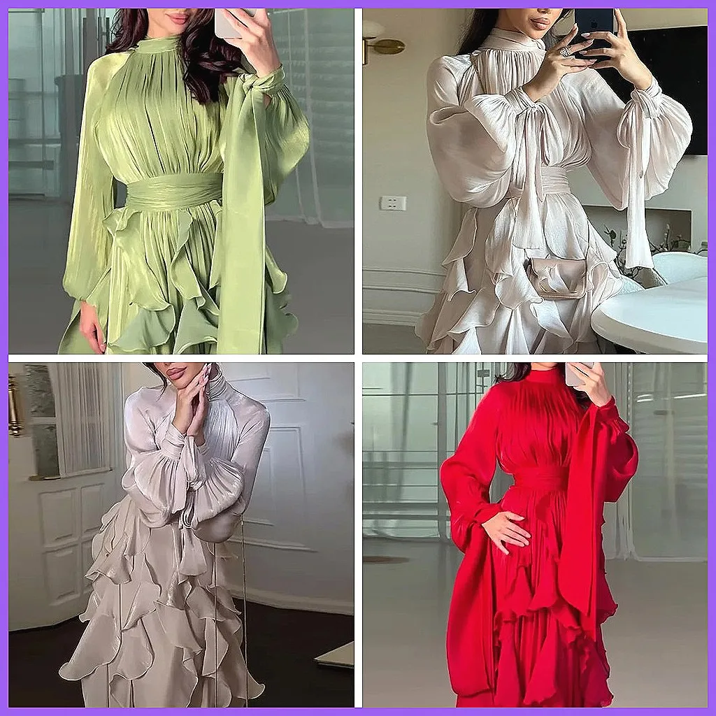 

Elegant High Waist Pleated Evening Dress, Long Sleeve Solid Color Banquet Gown for Women