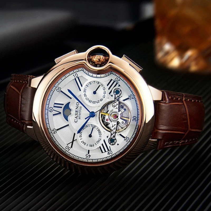 นาฬิกาผู้ชายหรูหรา Moon Phase นาฬิกากลไกอัตโนมัตินาฬิกาสัปดาห์วันที่ Tourbillon นาฬิกาสายหนังกันน้ํานาฬิกาทหารผู้ชาย