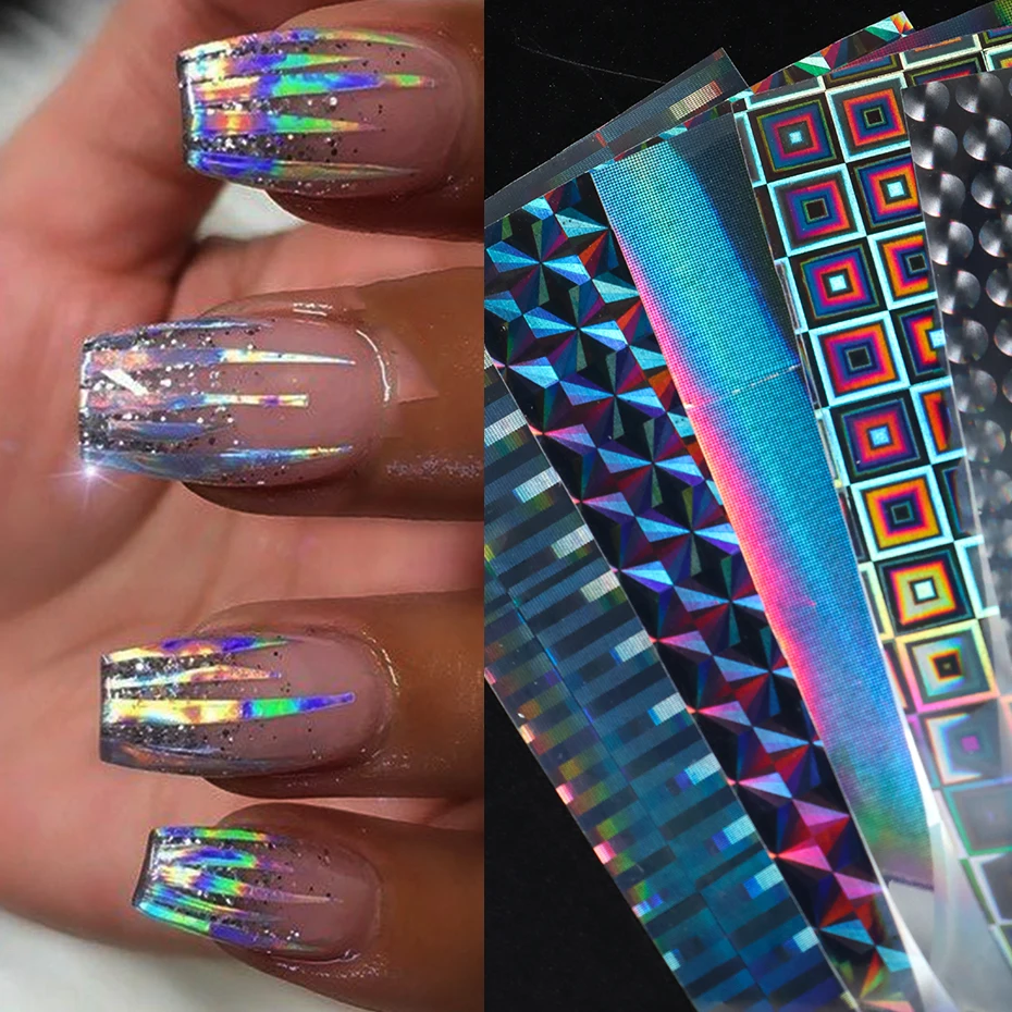 10 stks Holografische Nagelfolie Transfer Nail Art Folies Stickers Iriserende Regenboog Ster Geometrische Aurora Laser Nail Art Decoratie