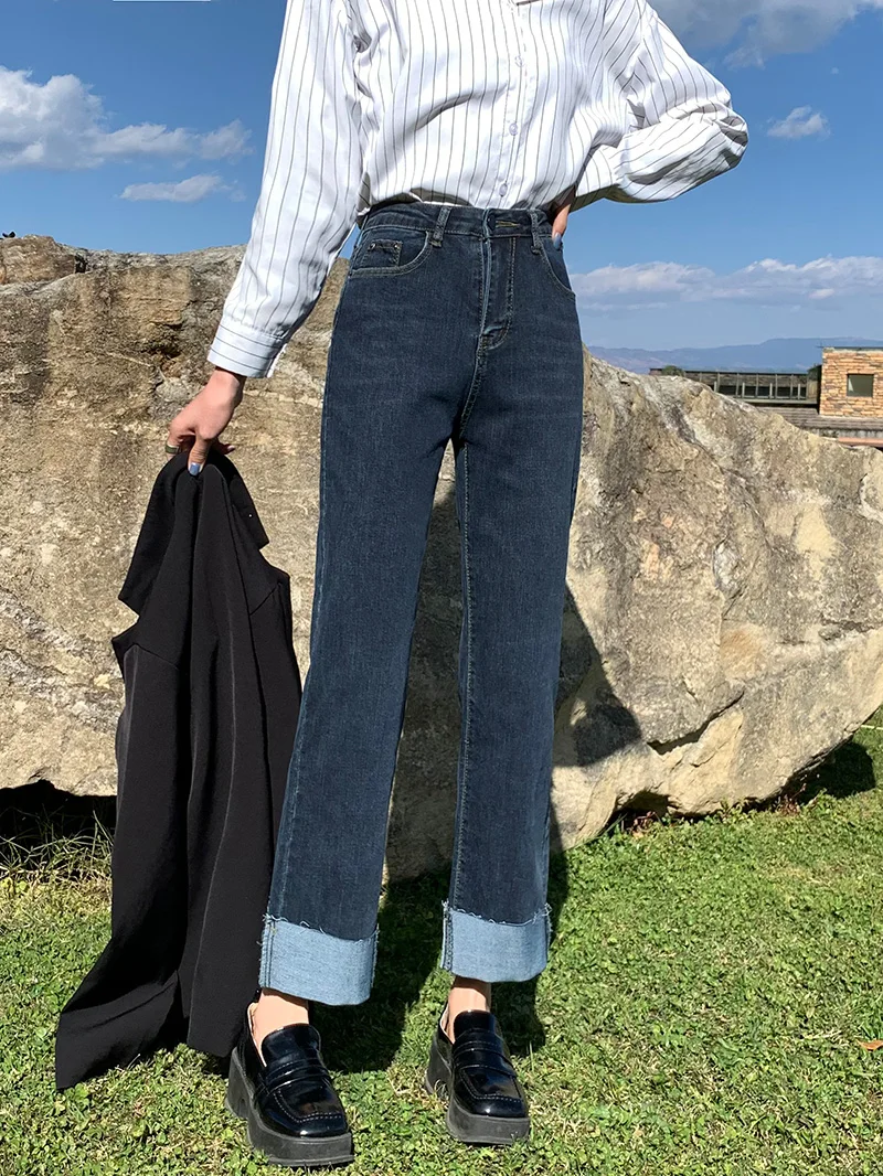 

High Waist Straight Leg Jeans Women's Loose Fit Slimming Wide Leg Pants Spring Autumn New Sle plus Size Trendy Cotton Denim