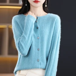 100% wool women's cardigan O-neck sweater Spring and Autumn new solid color women's long-sleeved sweater knitted soft.