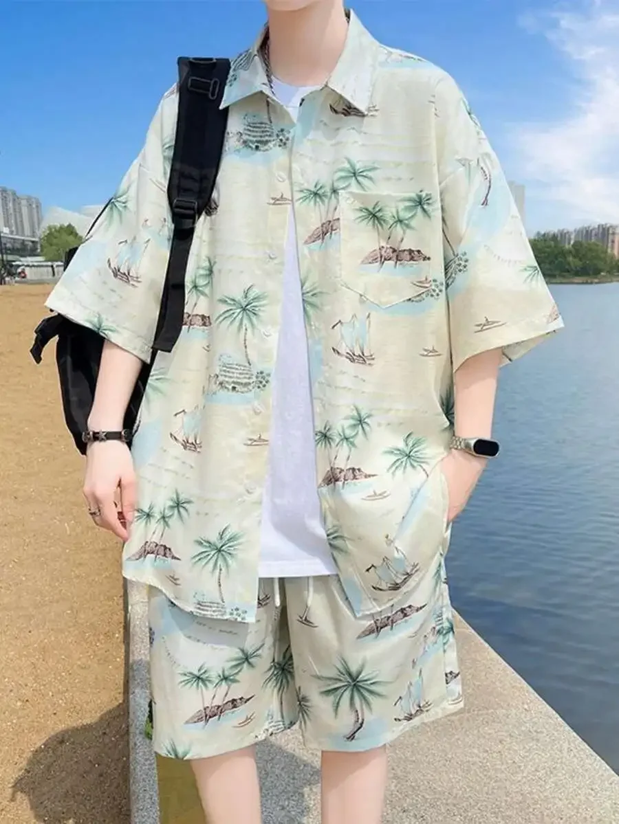 

Mens Hawaiian Print Short Sleeve Shirt And Shorts Set Casual Summer Outfit
