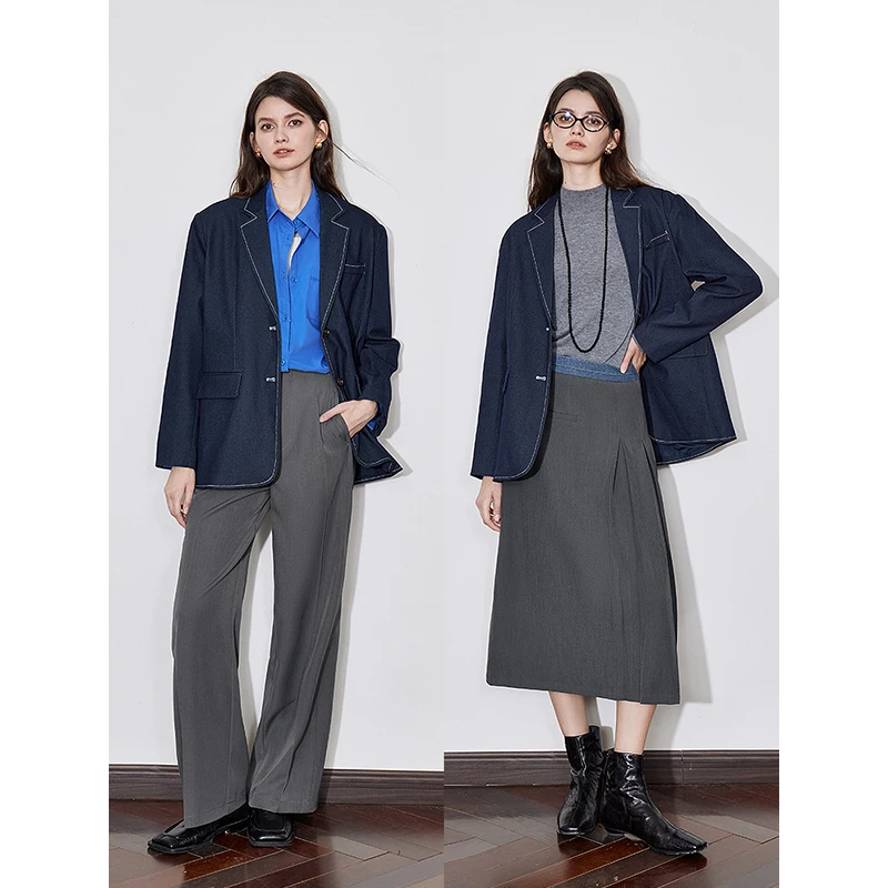 TOYOUTH Women Blazer 2024 Autumn New Fake Denim Lapel Collar Long Sleeve Oversize Suit Jacket Navy