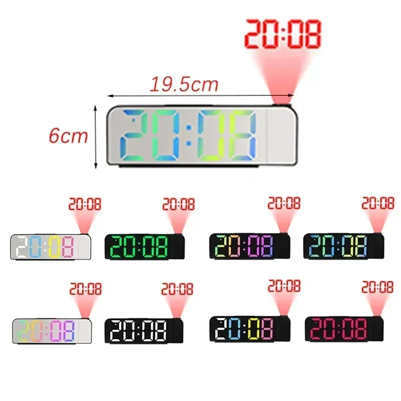 LEDデジタルプロジェクションアラーム時計,180 ° 回転,ナイトモード,電源オフメモリ,テーブル時計,寝室,12時間,24時間