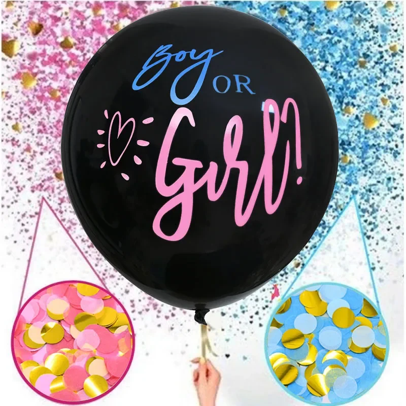 

1Set 36'' Giant Boy or Girl Black Latex Balloon Blue Pink Confetti Baby Shower Globos Gender Reveal Party Decoration Sup