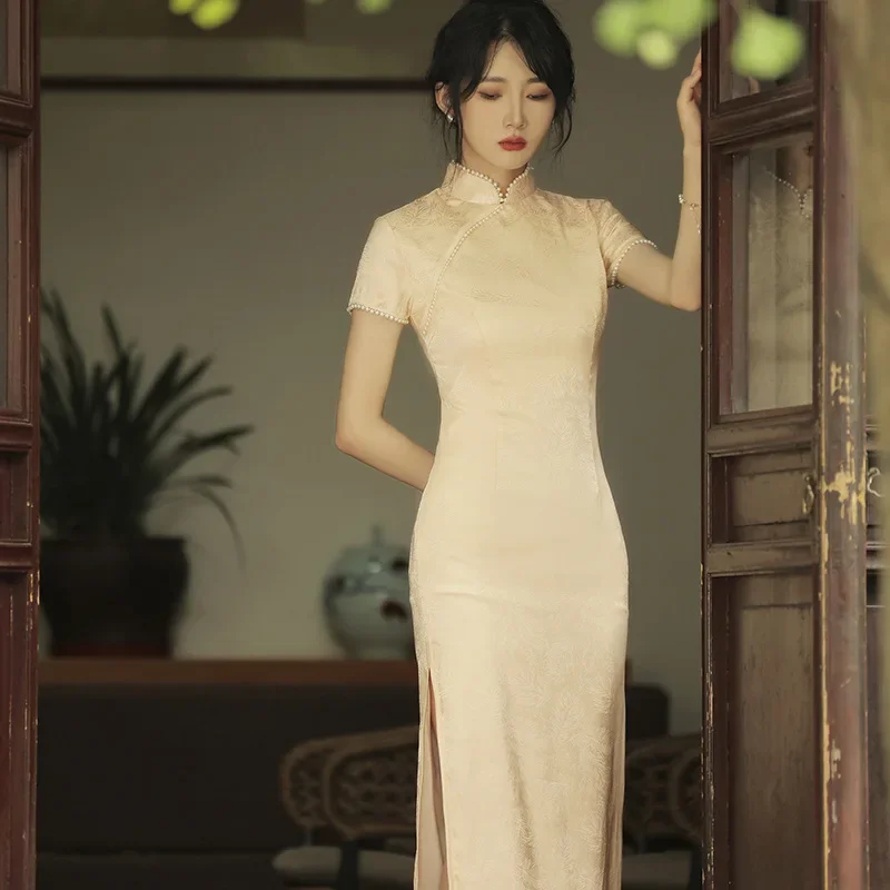 

Yourqipao Summer Long Improved Cheongsam Champagne Chinese Qipao Dresses French Retro Temperament Daily Long Skirt for Women