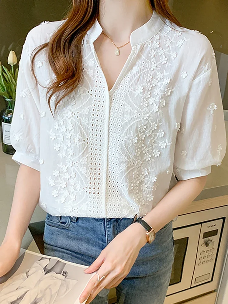 Summer Short Sleeve Lace Blouse Shirt Women Tops Blusas Mujer De Moda 2024 Verano V-Neck White Blouse Women Blouses Blusa F428