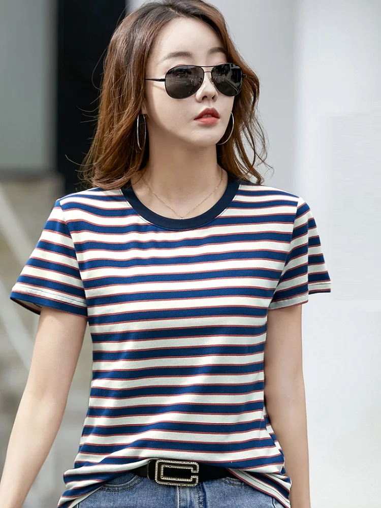 

TuangBiang 2022 Summer Pearl Cloth Cotton T-Shirts White Black Stripes Women O-Neck Spring Knitted T Shirts Female Fashion Tops