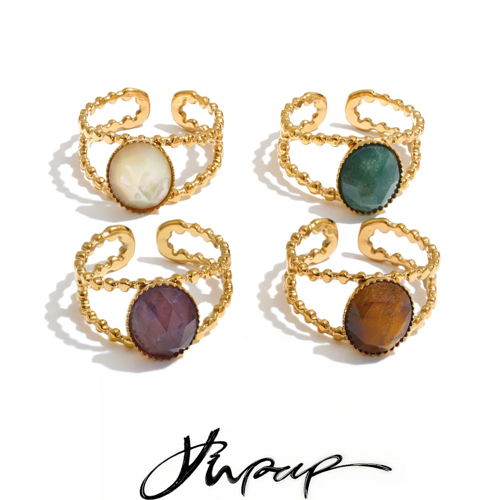 Yhpup Neuer offener, verstellbarer Ring mit Tiger-Türkis-Amethyst-Stein aus Edelstahl, hochwertiger, trendiger, naturalistischer Schmuck