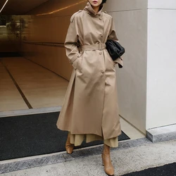 Johnature Autumn New Fashion Sashes Trench For Women 2025 Korean Solid Color Turn-down Collar Loose Pockets Female Coats