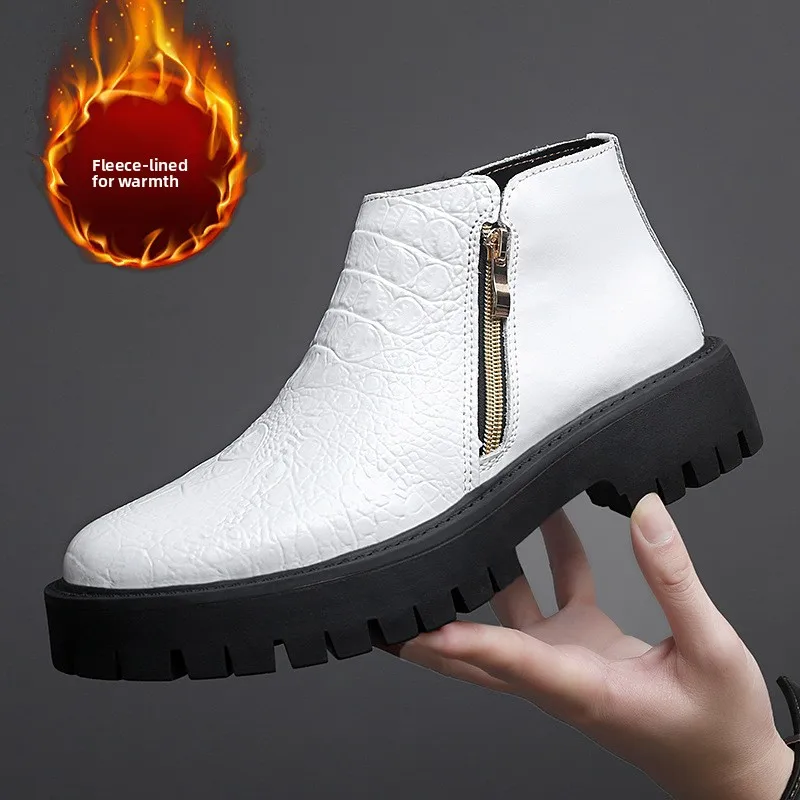 

White Boots Men's Large Size Winter Genuine Leather Fleece Side Zipper Thick Bottom Leather Boots British Crocodile Pa...