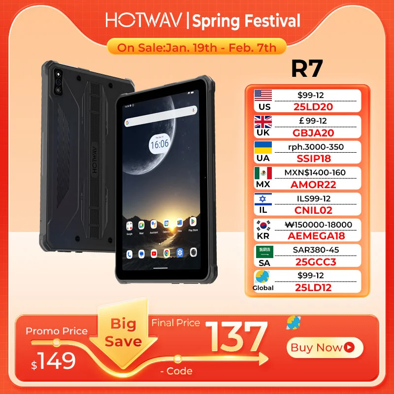 2024 World Premeire HOTWAV R7 Rugged Tablets Android 10.1'' HD+ 15600mAh 12GB(6+6) 256GB OTG Reverse Charge Glove Mode Global