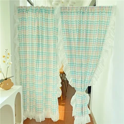 Korean Yellow/Pink/Green/Blue Lattice Door Curtains for Living Room Japanese Lace Ruffled Plaid Curtains for Kitchen #A368