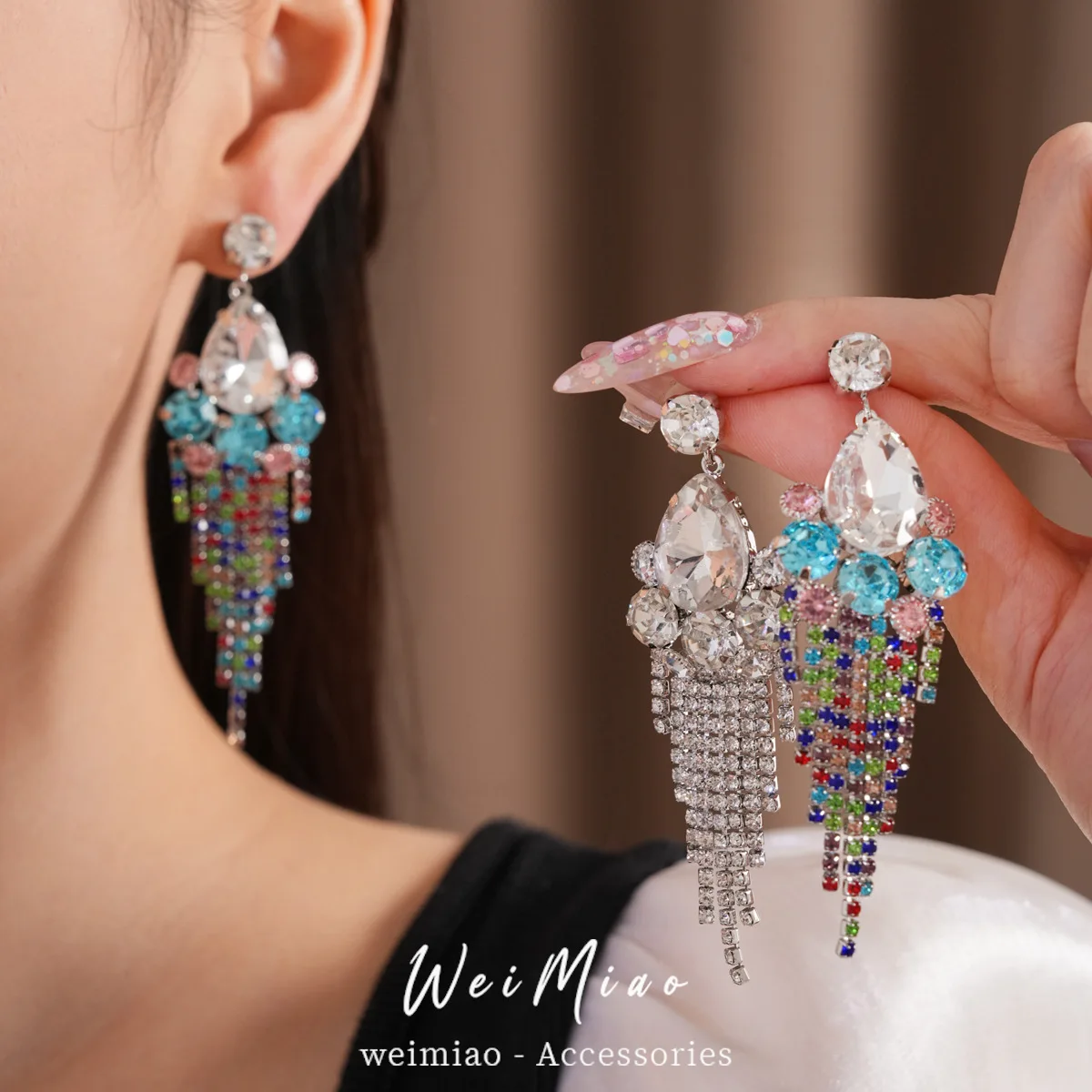 Glamorous Teardrop Cut Crystal Chandelier Earrings Sparkling Rainbow Rhinestone Fringe Dangle Jewelry For Stage Statement