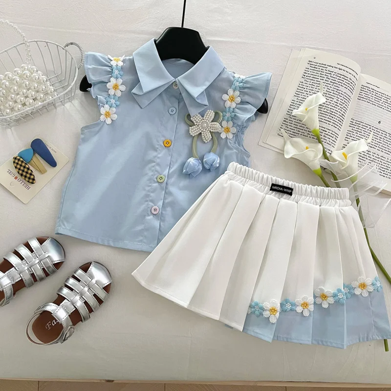 

2025Summer New Baby Floral Short Sleeve Puff Sleeve Top Elastic Waist Pleated Skirt Girls' Set17401