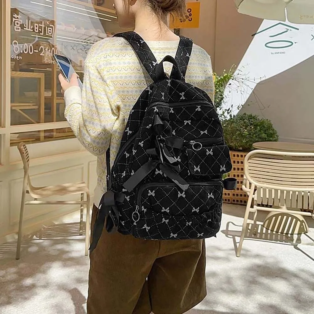 

Daypack Corduroy Bow Backpack Casual Contrast Color Students School Bag Silk Design Fixed Webbing Large Capacity Backpack