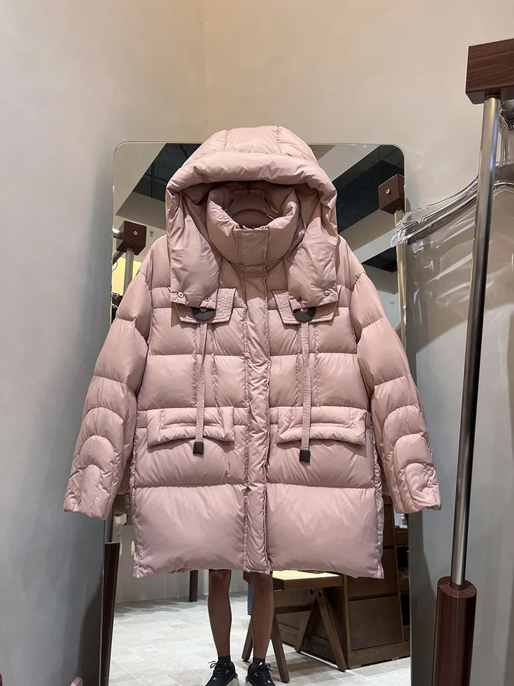 النسخة الكورية مقنعين الرباط سميكة أسفل سترة 2025 شتاء جديد إمرأة متوسطة إلى طويل الأبيض بطة أسفل معطف العصرية #4