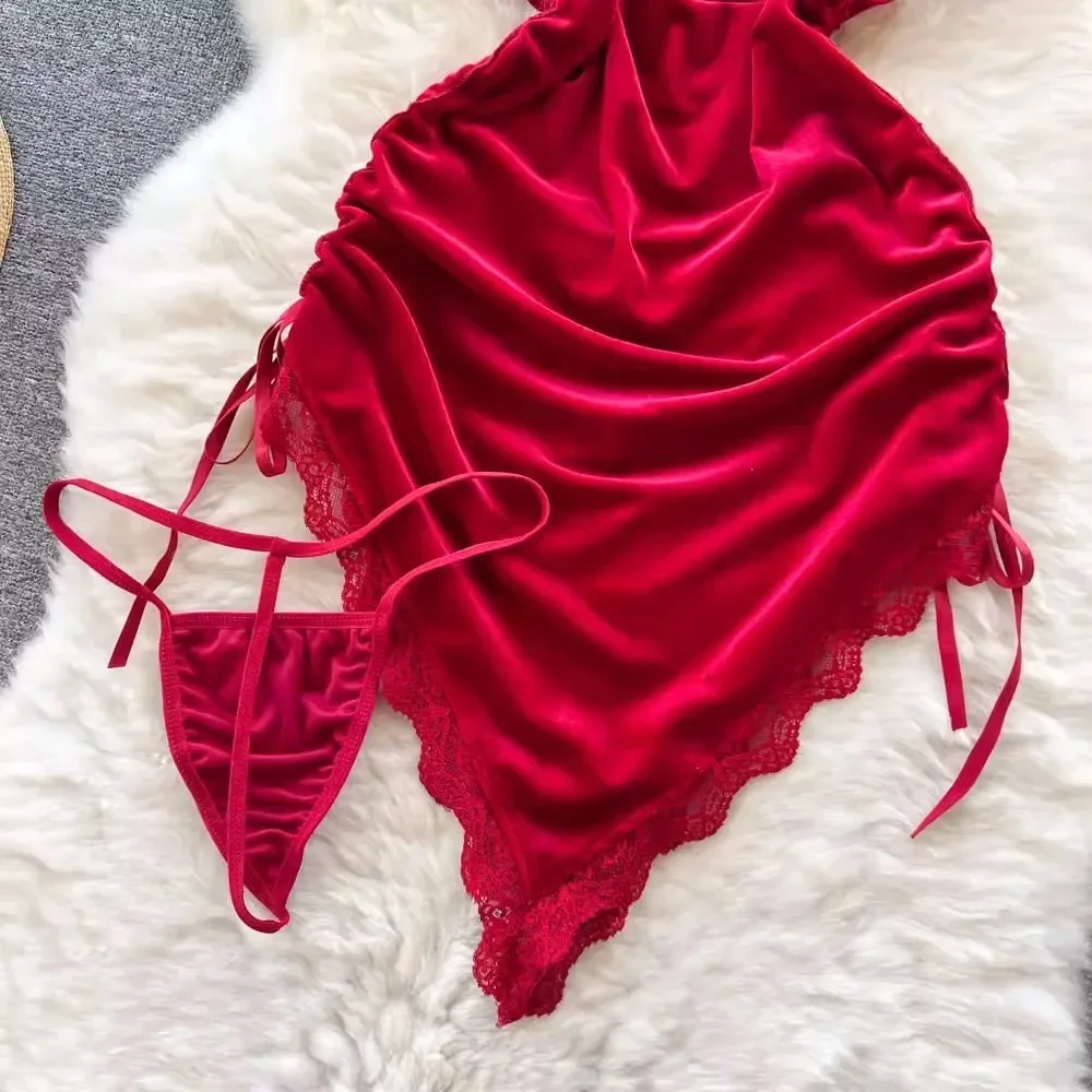 Robe Sexy en dentelle à bretelles croisées, col en v, Patchwork, plissée irrégulière, vêtements de nuit, Lingerie érotique pour femmes, dos nu, pyjama sans manches