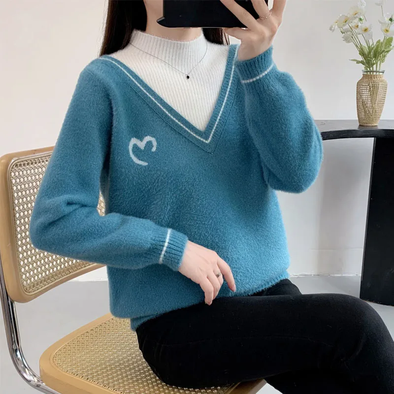 New Autumn/Winter Fashion High Grade Mink Fleece Fake Two Piece Half High Collar Thickened Loose Women's Long Sleeve Sweater