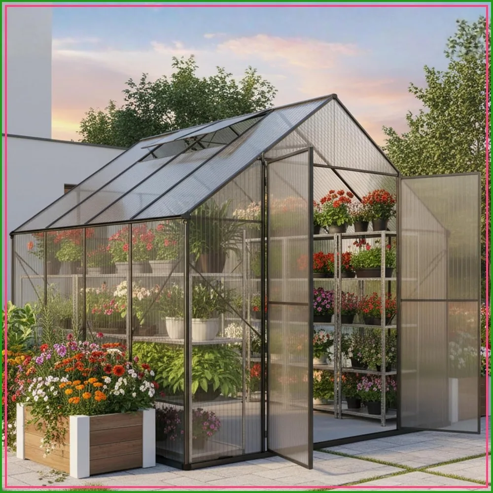 8x8ft Walk-in Greenhouse, Polycarbonate Panels, Heavy Duty Aluminum Frame, Roof Vent, Lockable Door