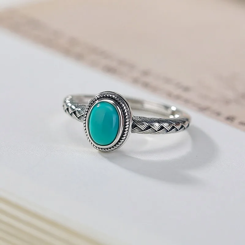 

TIMESWIND Women Turquoise S925 Silver Egg-shaped Oval Woven Pattern Open Ring with Certificate