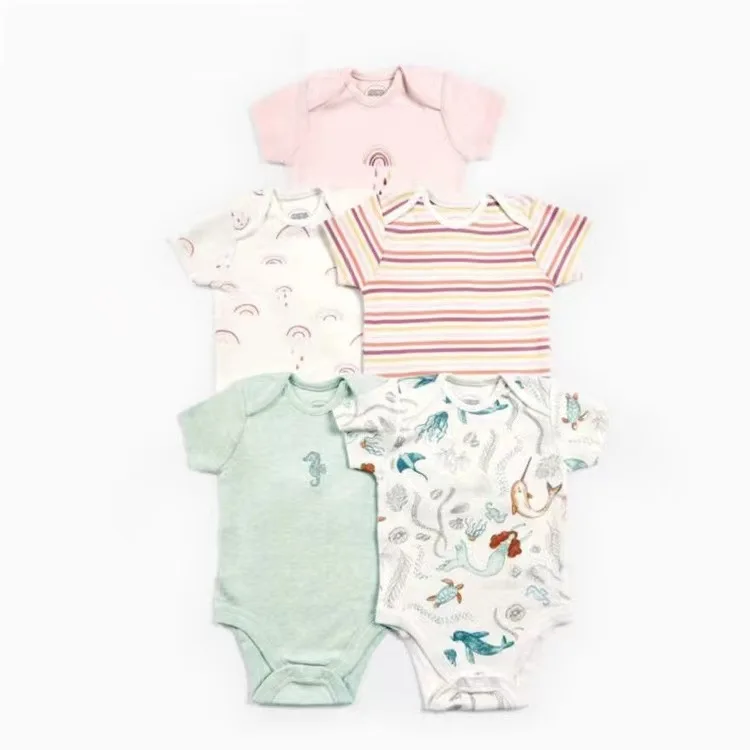 NewBorn Bodysuits 2024 Unisex 5Pieces Baby Girl Clothes Solid Color Cotton Baby Boy Clothes Set Cartoon Print Summer Bebes 0-24M