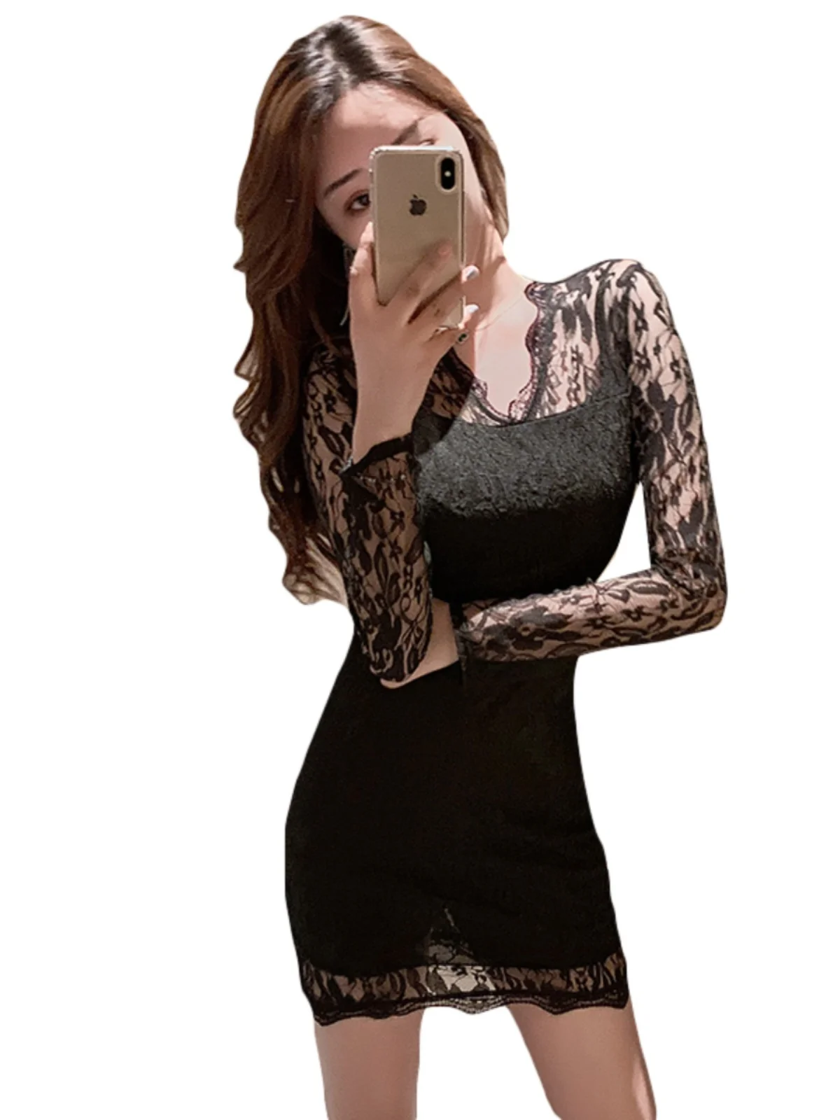 Spring Hot Sexy Night Club Lace ort Skirt Tight Fit Bodycon Base Layer Wrap around Dr Korean Sle V Ne Long Sve