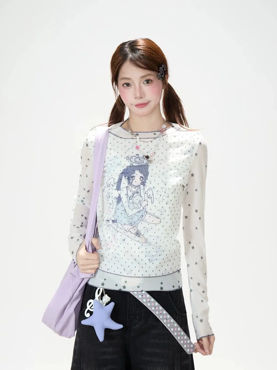 Japanese Star Mesh Splice Long Sleeve T-shirt Women Summer Autumn Light Alt Y2k Aesthetic Slim Girly Casual Fitted Top
