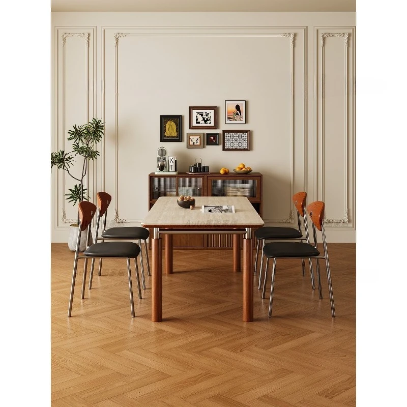 

Travertine rock slab dining table, high-end retro style household small apartment rectangular Bauhaus solid wood dining table