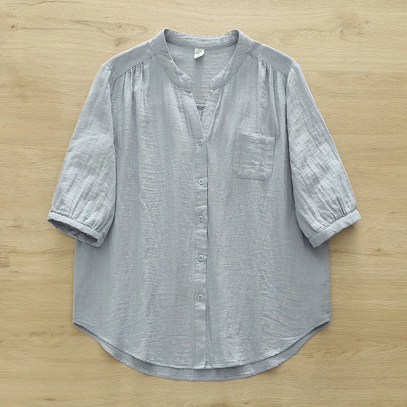 New 2025 Summer Cotton Yarn Half Sleeve Shirt, Women V Neck Solid, Mori Girl Soft Breathable Versatile Loose Blouse T55369CC