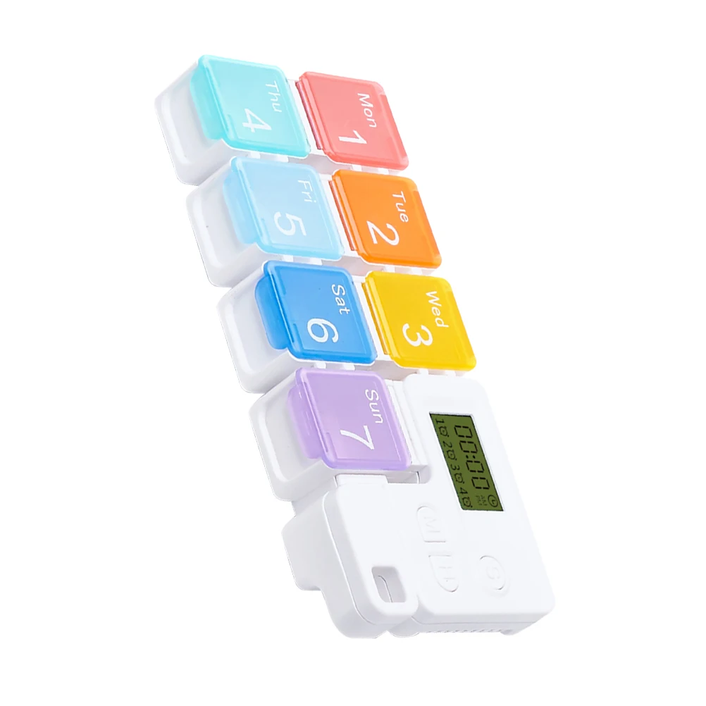

1Pcs Smart Medicine Storage Box 7 Compartments Portable Timing Alarm Organizer Case Rainbow Transparent Lid Container
