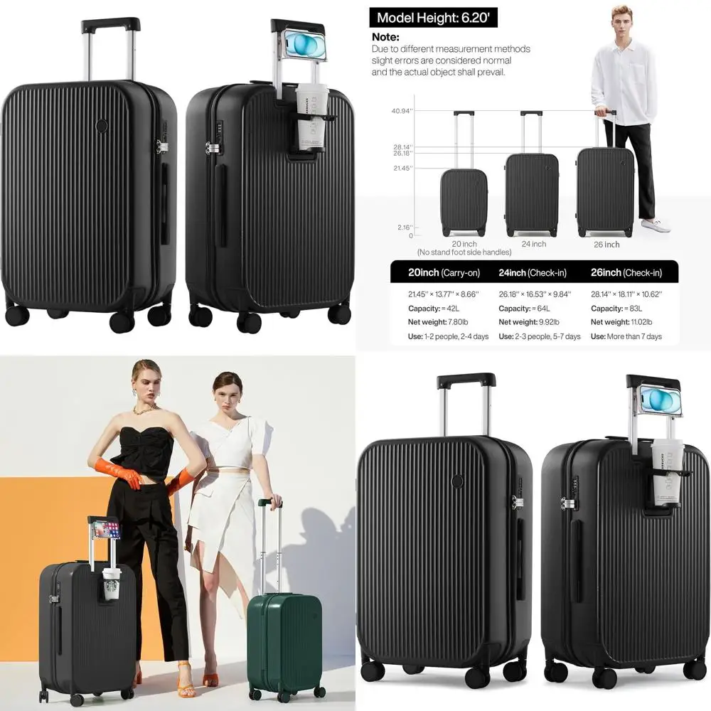 

24-дюймовый черный чемодан Mixi на колесиках с держателем для телефона и вращающимися колесами