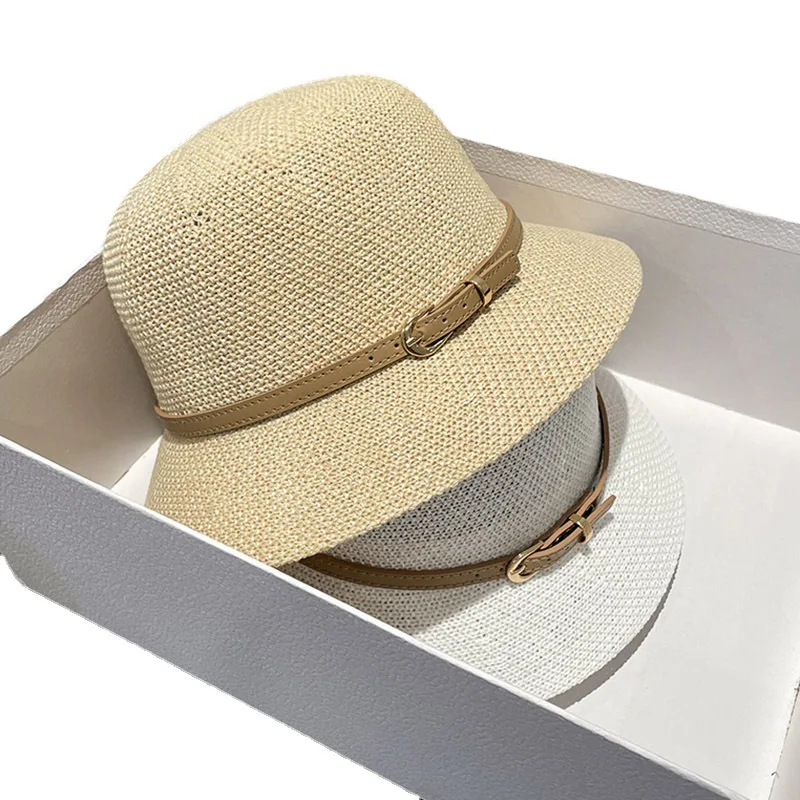 women\'s hat bucket hat foldable basin hat vintage bucket straw hat beach summer belt buckle small-brimmed sunhat sun protection