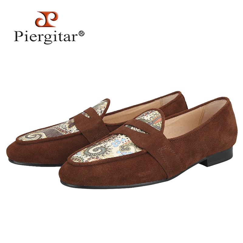 Piergitar Dark Brown Suede Patchwork Cashew Flower Printed Leather Men's Penny Loafers Handmade Smoking Slippers Leather Insole