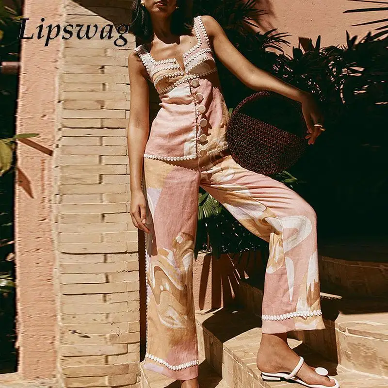 

Elegant Pattern Printed Slim Summer Suit Fashion Square Neck Tops and Long Pants Set Women Casaul Sleeveless Pocket 2Pc Outfits