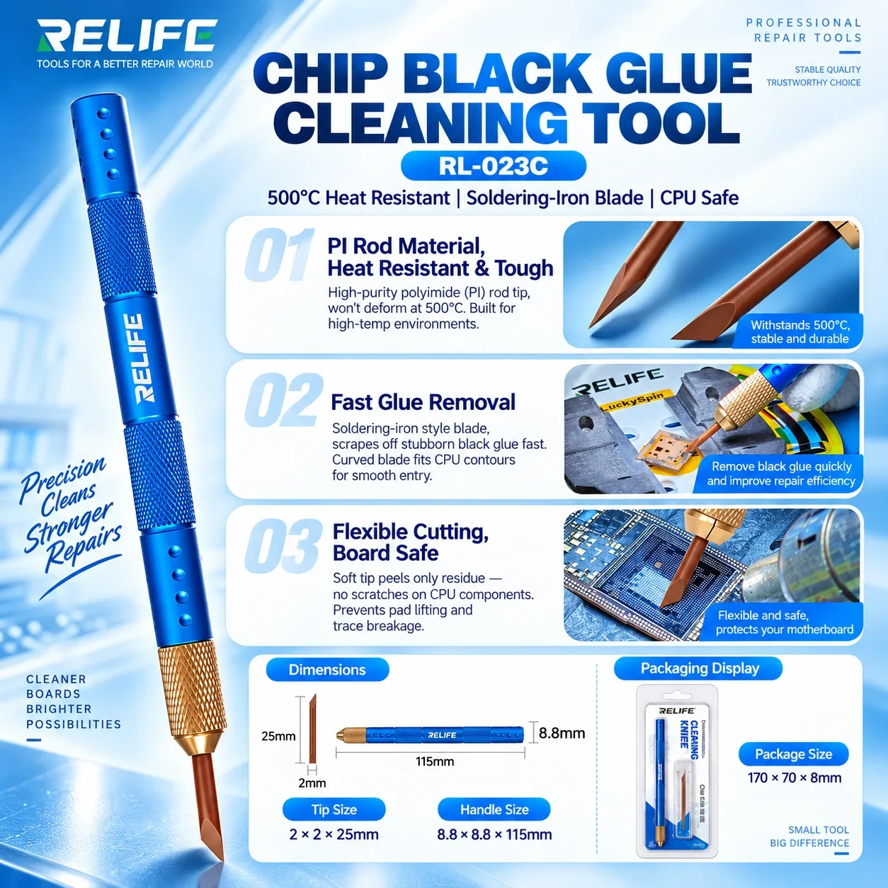 RELIFE RL‑023C Chip Black Glue Cleaning Tool 500℃ Heat Resistant CPU Protection & Anti‑damage Fast Glue Removal Repair Tools