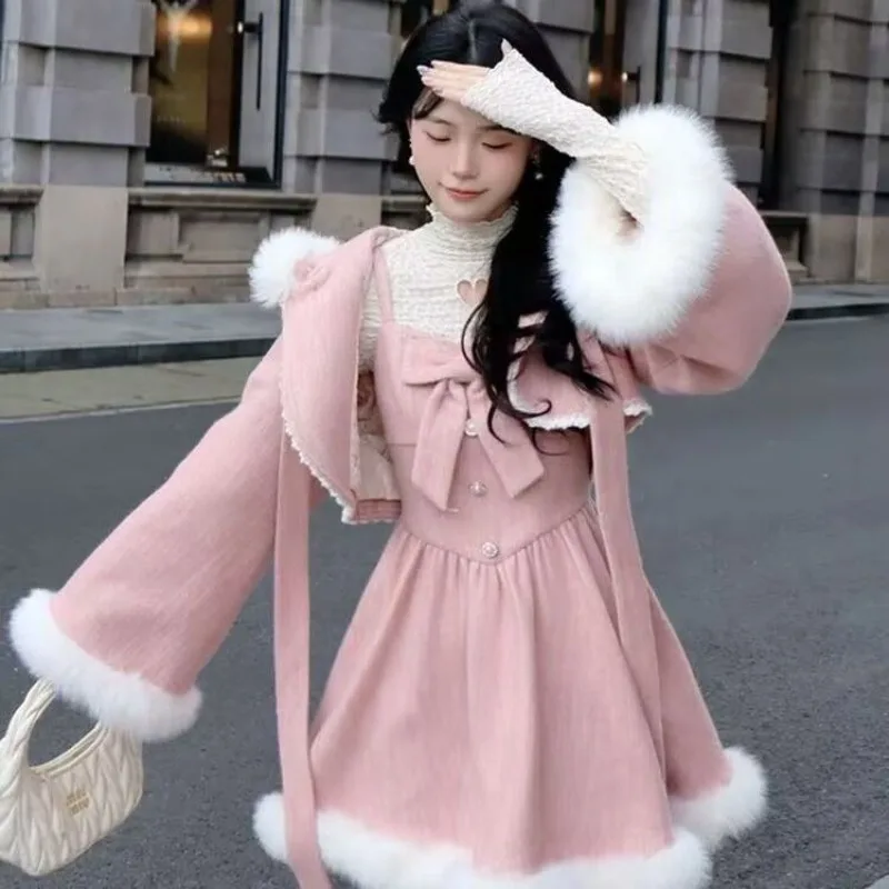 

2025 New Heavy Hooded Cloak Jacket+ Sweet Bow Elegant Slim Waist Pink Vest Dress for Women Autumn Winter Two Piece Sets
