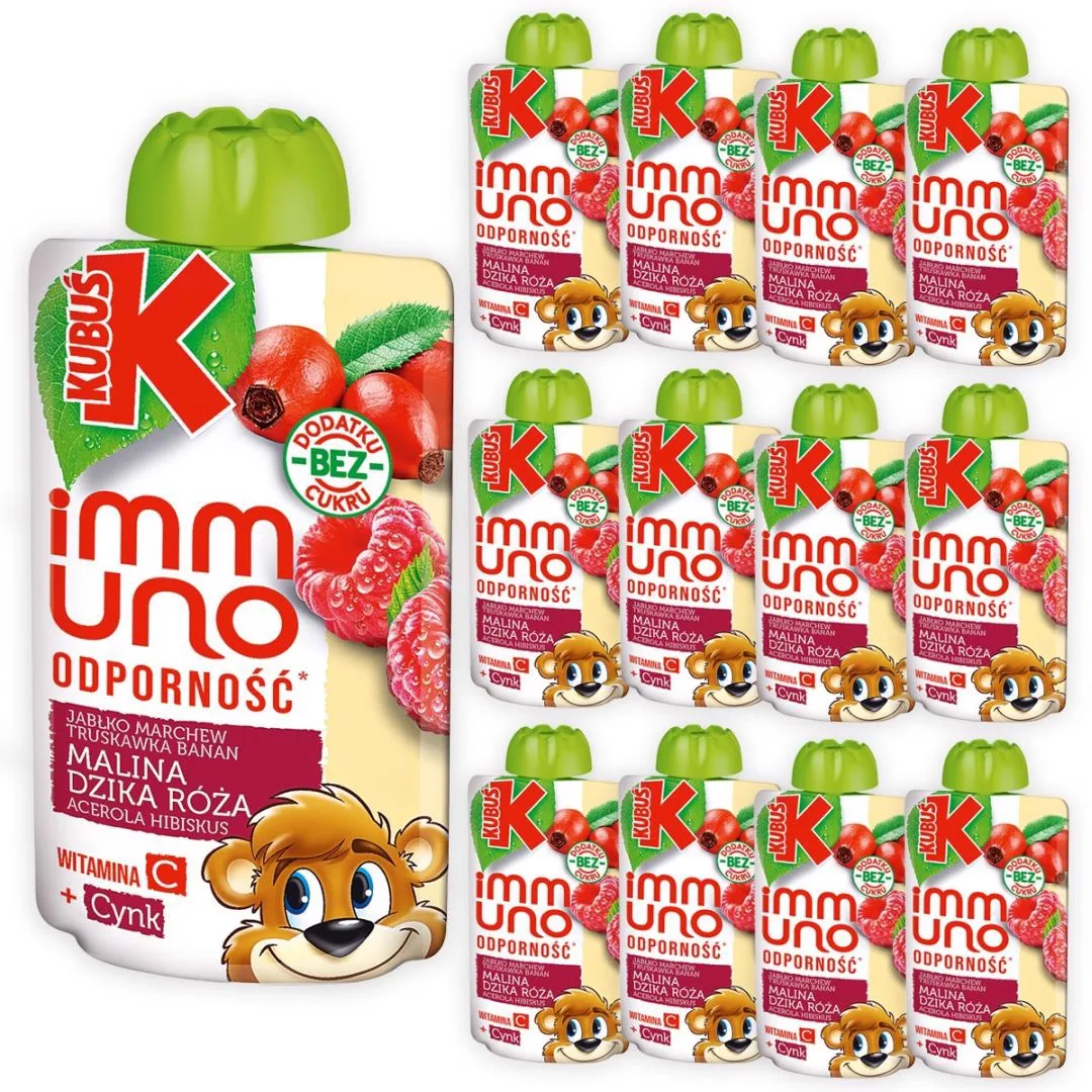 Kubuś Immuno Odporność Mus jabłko marchew banan truskawka malina dzika róża acerola hibiskus 100 g x 12 sztuk