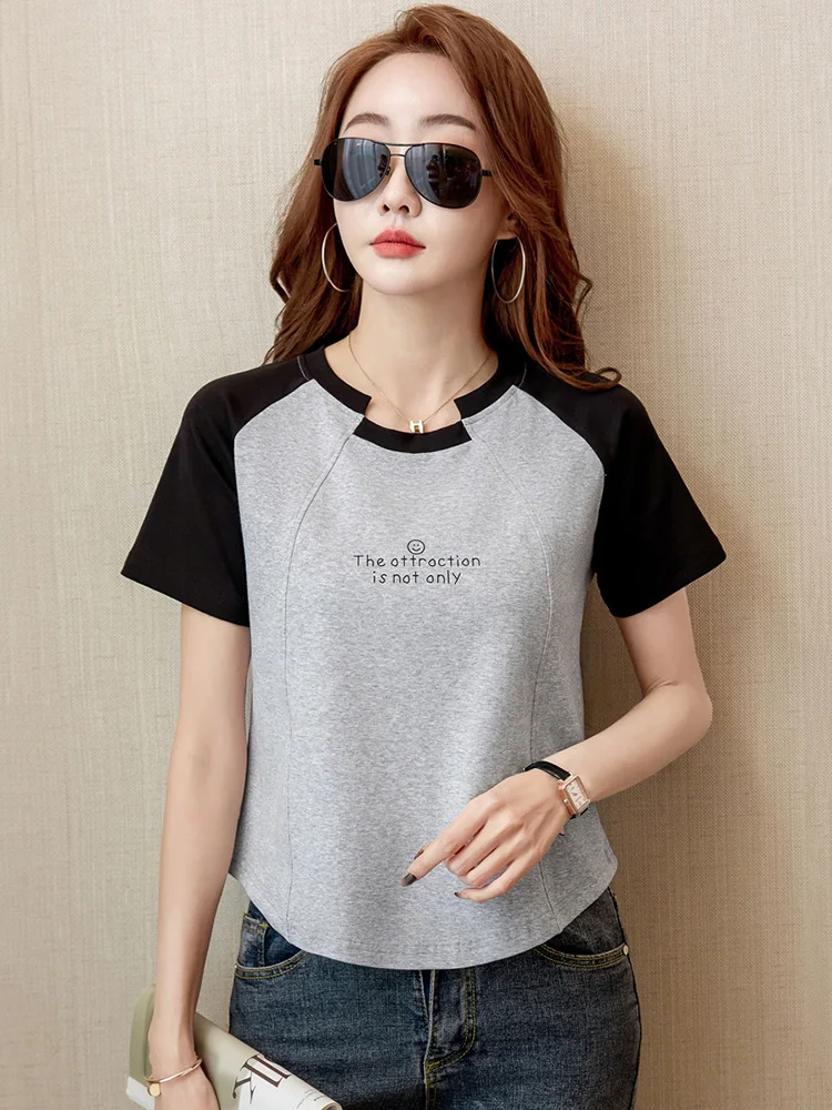 New Women Summer Short T-shirt Fashion Patchwork Contrast Color Loose Tees Tops Casual Simplicity O-Neck Short Sleeve T-shirt