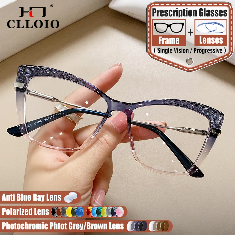 

CLLOIO Simple Geometric Cat Eye Blue Light Filter Progressive Prescription Glasses Women Myopia Photochromic Optical Eyeglasses