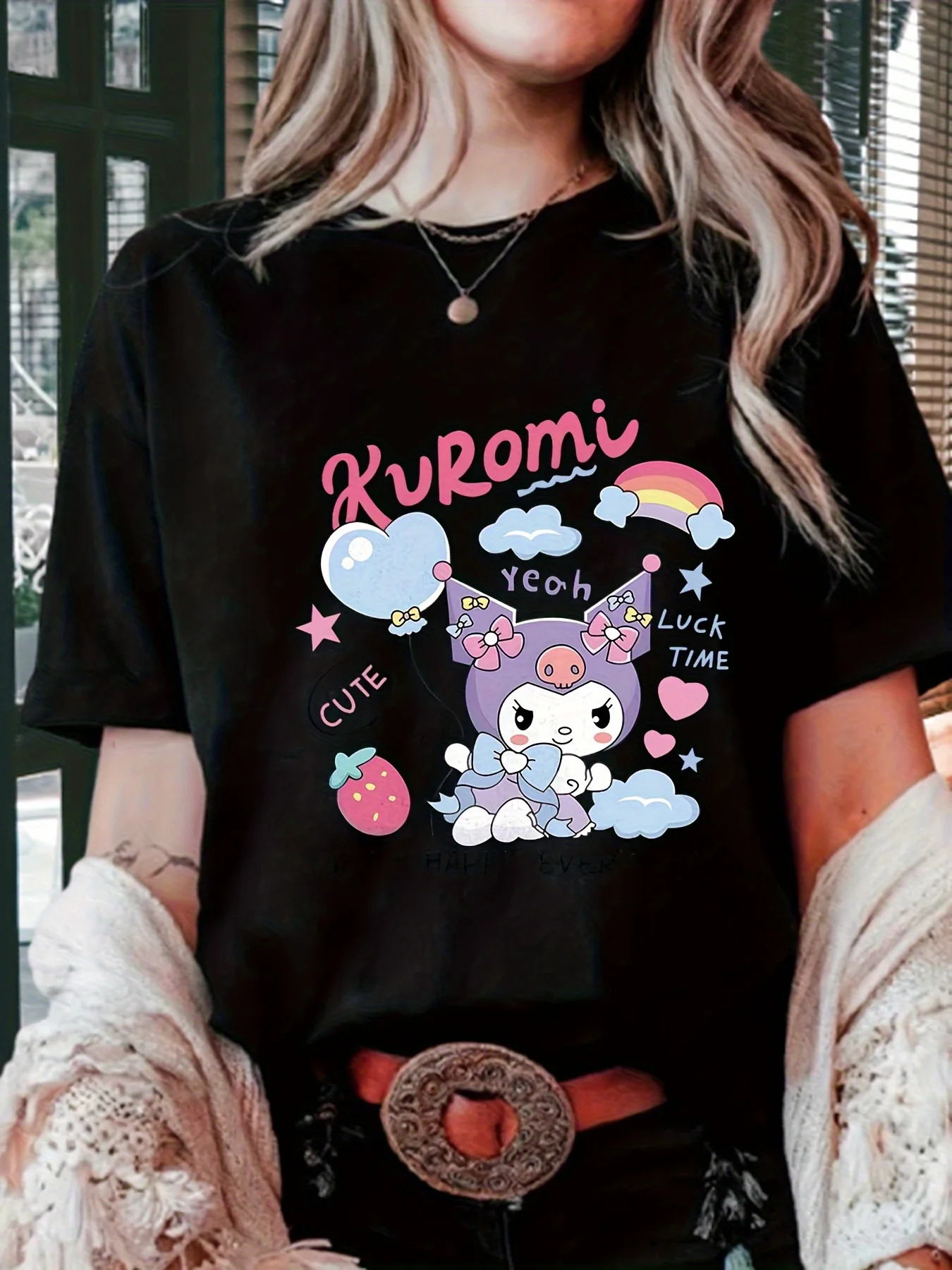 レディース サンリオ ハローキティ クロミ柄 Tシャツ - 100% 半袖 カジュアルトップ、かわいい漫画プリント、春夏