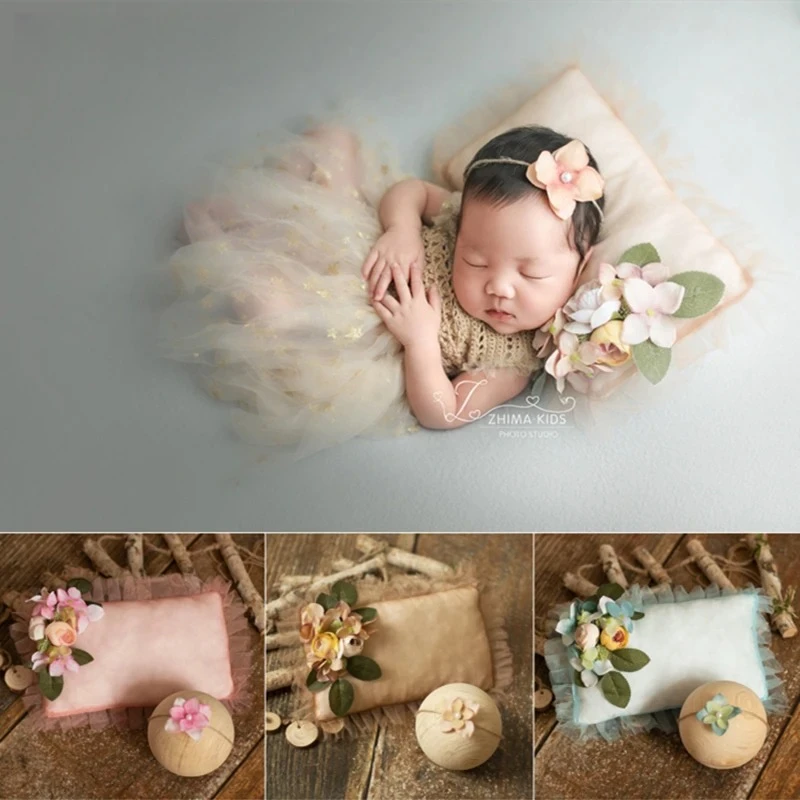 

Newborn Baby Photography Props Lace Retro Florals Posing Pillow Bonnet Hat 2pcs Fotografia Accessories Studio Shoots Photo Props