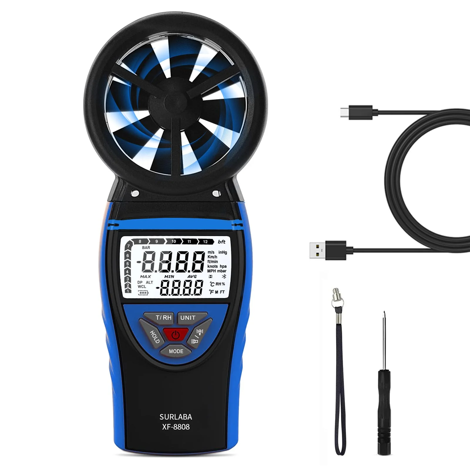 

Handheld Anemometer for Wind Speed Temp Humidity, Digital Rechargeable Air Flow Gauge Meter, Portable CFM Measuring Device