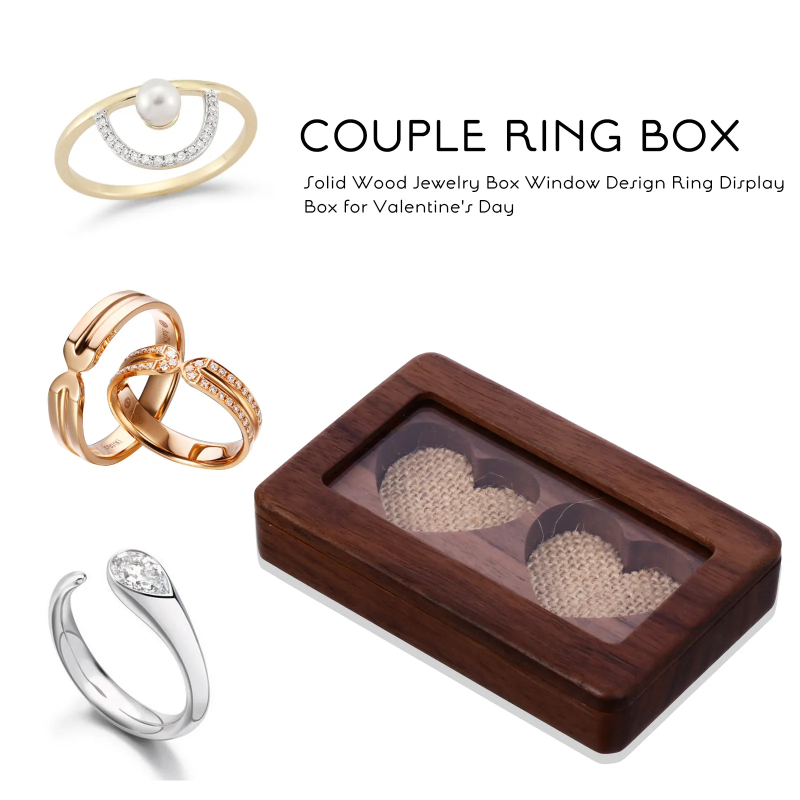 

Exquisite Solid Wood Ring Box with Heart Shape Concave Holder Fine Wood Grain Rounded Corners Jewelry Display Box for Couples