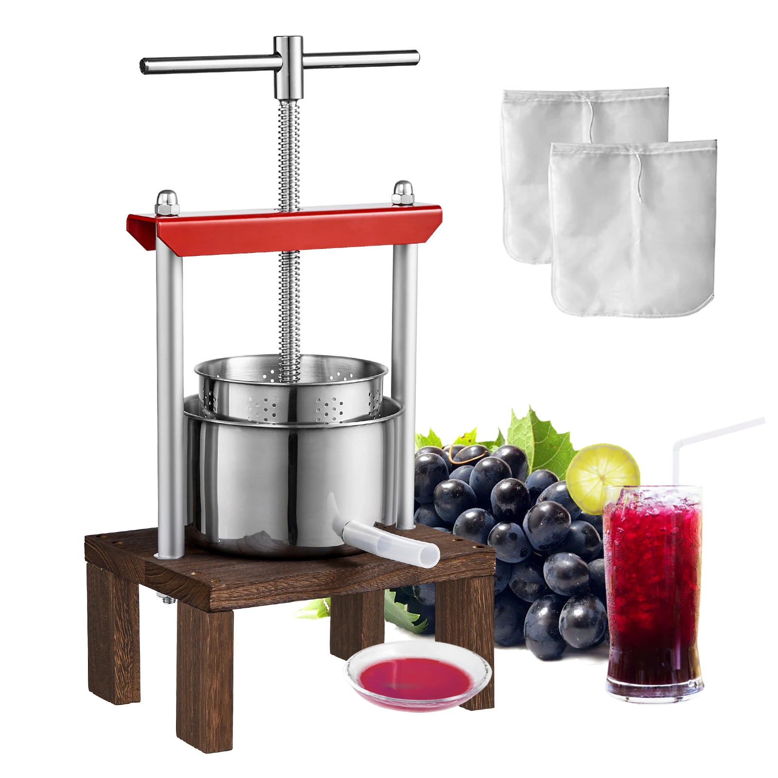 VEVOR Pressoir à Fruits Manuel 2 L Pressoir à Vin en Acier Inoxydable Base en Bois Presse-Fruits Manuel Baril Intérieur 14 x 13 cm Broyeur de Fruits Légumes pour Pressage de Vins Jus Cidres Purées