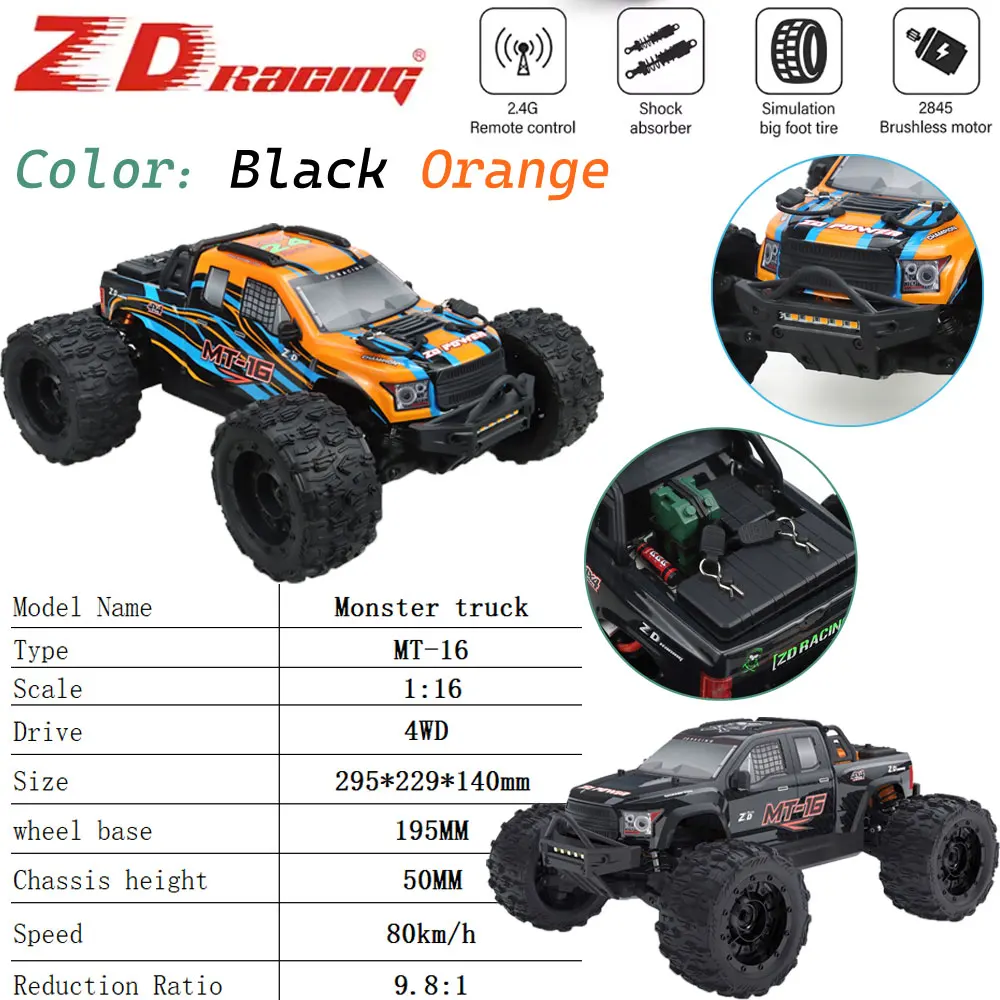 

ZD Racing MT-16 1/16 RC Off Road Car 4WD 2.4GHZ 2845 Бесщеточный двигатель 3S 35A ESC MT16 Пульт дистанционного управления Monster Truck для детей и взрослых